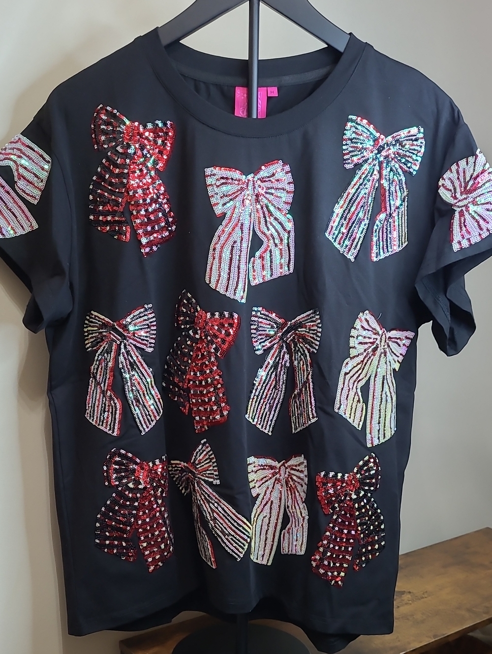 NWT Queen of Sparkles Black BOWS FOR DAYS Sequin Embellished Top size Medium
